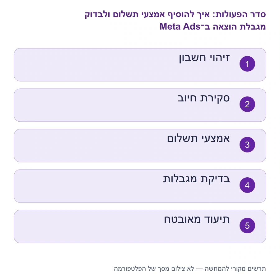 מפת השלבים: איך להוסיף אמצעי תשלום ולבדוק מגבלת הוצאה ב־Meta Ads