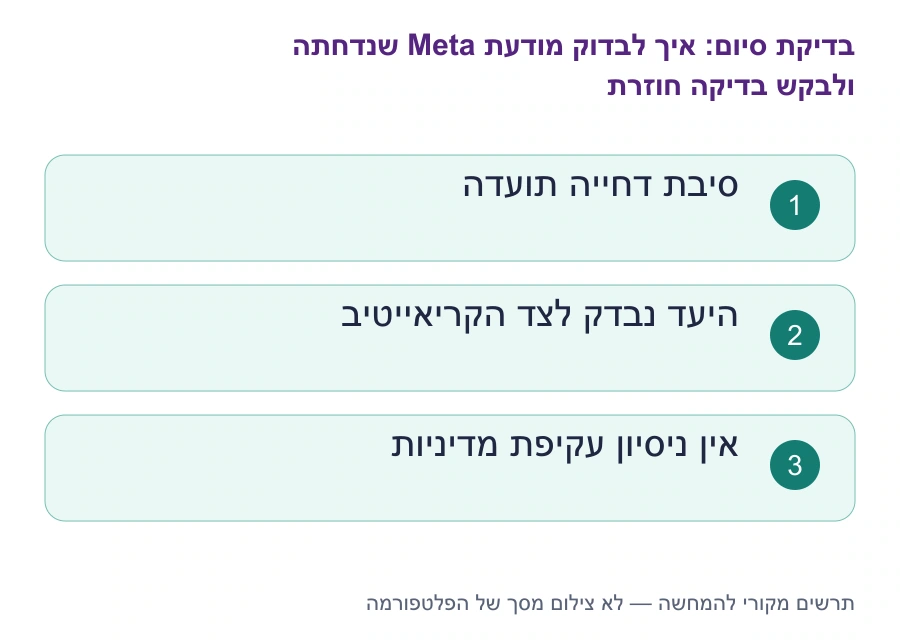 בדיקות סיום: איך לבדוק מודעת Meta שנדחתה ולבקש בדיקה חוזרת