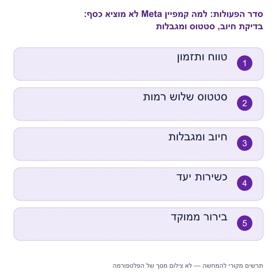 מפת השלבים: למה קמפיין Meta לא מוציא כסף: בדיקת חיוב, סטטוס ומגבלות