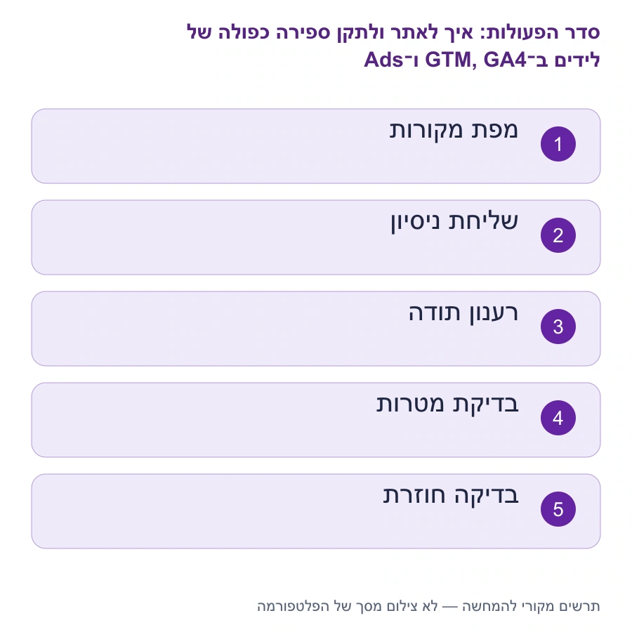 מפת השלבים: איך לאתר ולתקן ספירה כפולה של לידים ב־GTM, GA4 ו־Ads